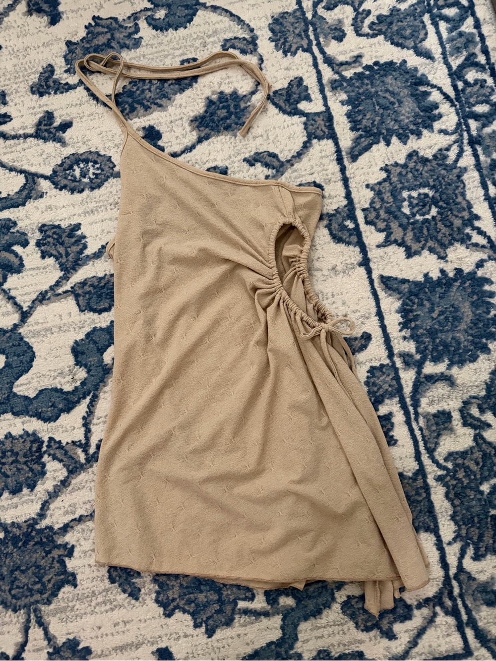 Beige One-Shoulder Ruched Side Mini Dress
